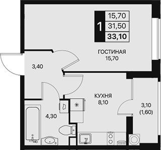 Планировка — Эстет, 1-комн., 32 м²