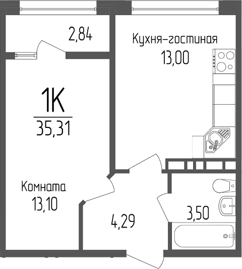 Планировка — Портрет 2, 1-комн., 34 м²
