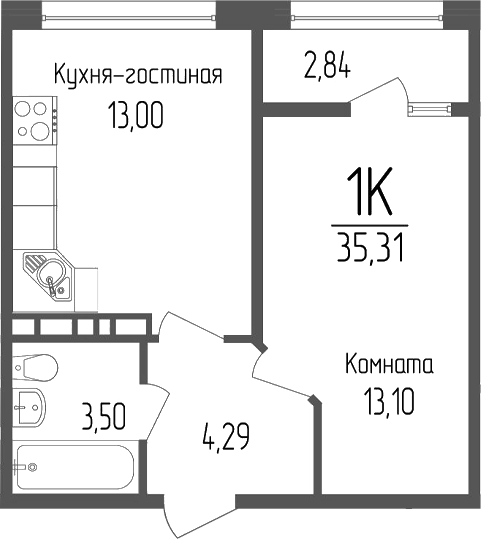 Планировка — Портрет 2, 1-комн., 34 м²