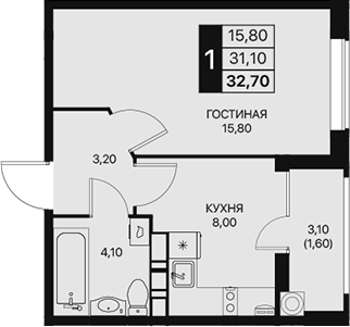 Планировка — Эстет, 1-комн., 31 м²
