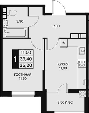 Планировка — Эстет, 1-комн., 33 м²