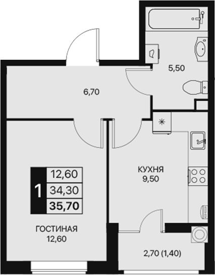Планировка — Эстет, 1-комн., 34 м²