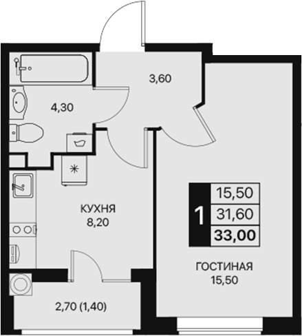 Планировка — Эстет, 1-комн., 32 м²
