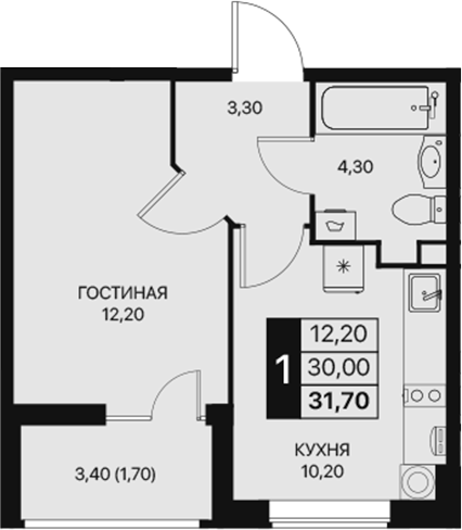 Планировка — Эстет, 1-комн., 30 м²