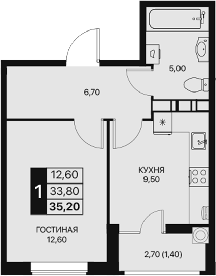 Планировка — Эстет, 1-комн., 34 м²