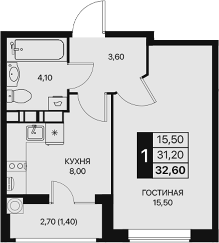 Планировка — Эстет, 1-комн., 31 м²