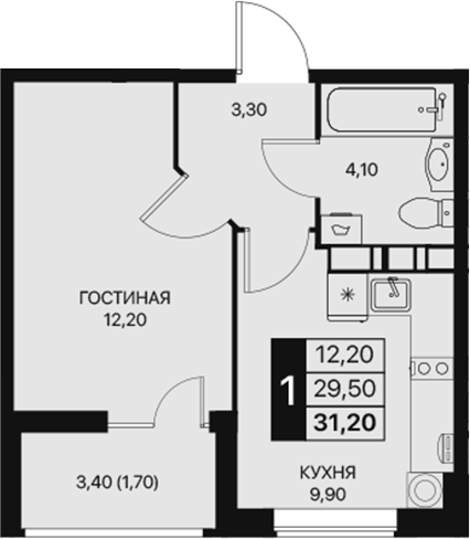 Планировка — Эстет, 1-комн., 30 м²