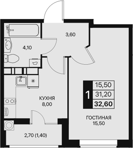 Планировка — Эстет, 1-комн., 31 м²