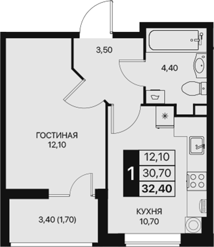 Планировка — Эстет, 1-комн., 31 м²