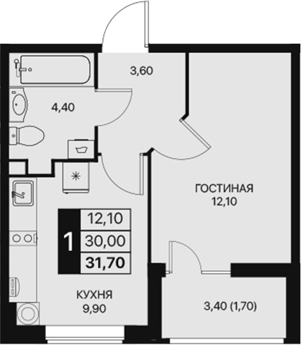 Планировка — Эстет, 1-комн., 30 м²
