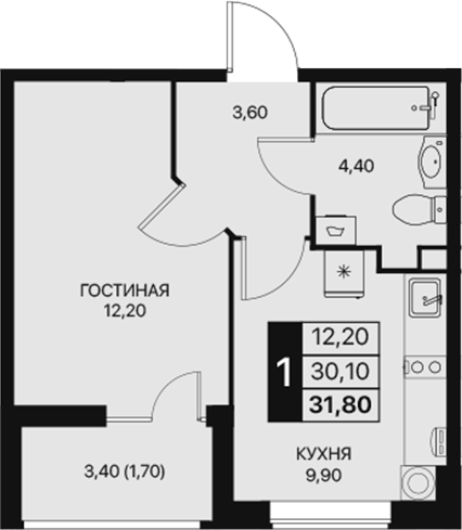 Планировка — Эстет, 1-комн., 30 м²