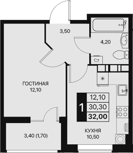Планировка — Эстет, 1-комн., 30 м²