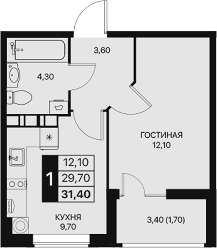 Планировка — Эстет, 1-комн., 30 м²