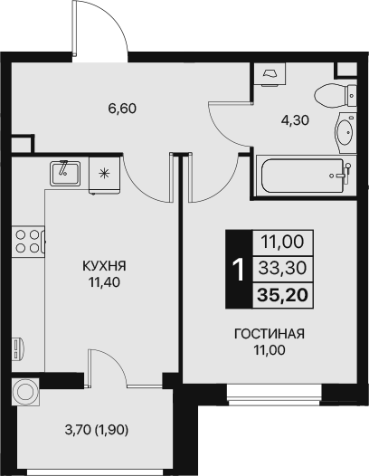 Планировка — Эстет, 1-комн., 33 м²