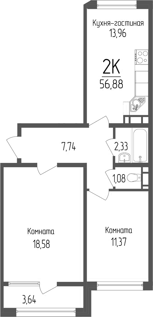 Планировка — Портрет 2, 2-комн., 55 м²