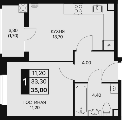 Планировка — Эстет, 1-комн., 33 м²
