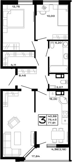 Планировка — Горные высоты, 3-комн., 75 м²