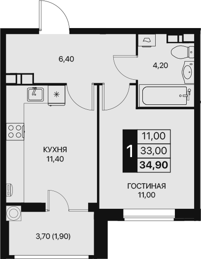 Планировка — Эстет, 1-комн., 33 м²