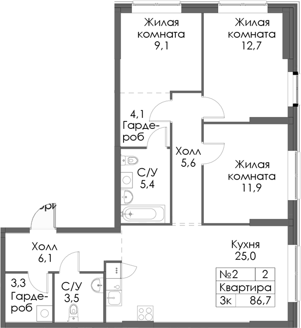 Планировка — Нокса парк, 3-комн., 87 м²