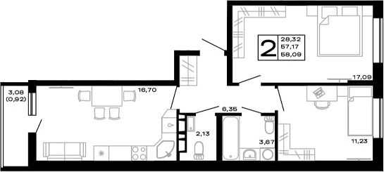 Планировка — Горные высоты, 2-комн., 57 м²