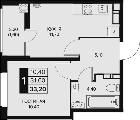 Планировка — Эстет, 1-комн., 32 м²
