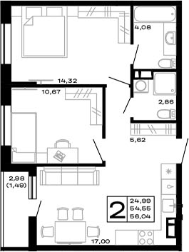 Планировка — Горные высоты, 2-комн., 55 м²