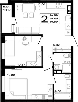 Планировка — Горные высоты, 2-комн., 55 м²