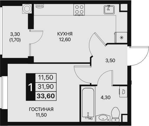 Планировка — Эстет, 1-комн., 32 м²