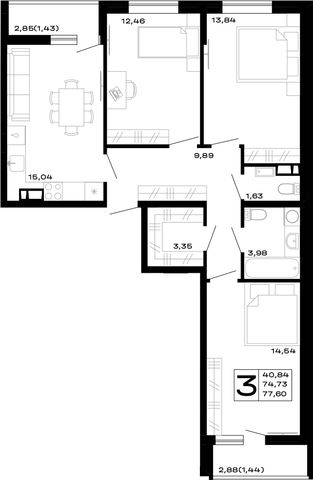 Планировка — Горные высоты, 3-комн., 75 м²