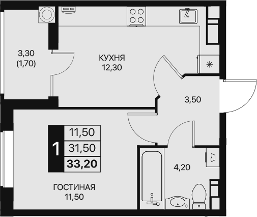 Планировка — Эстет, 1-комн., 32 м²