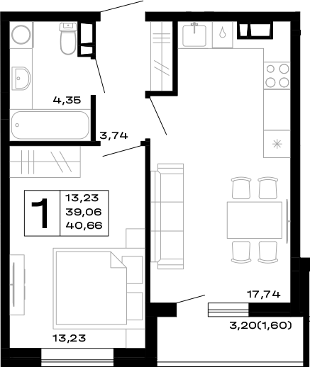 Планировка — Горные высоты, 1-комн., 39 м²