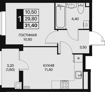 Планировка — Эстет, 1-комн., 30 м²