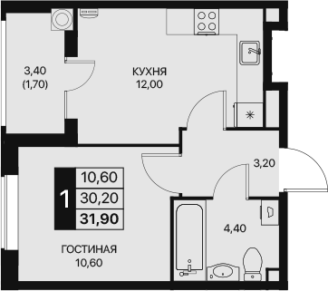 Планировка — Эстет, 1-комн., 30 м²