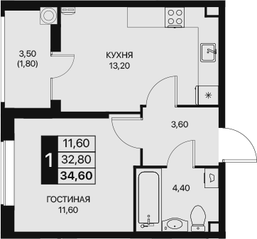 Планировка — Эстет, 1-комн., 33 м²