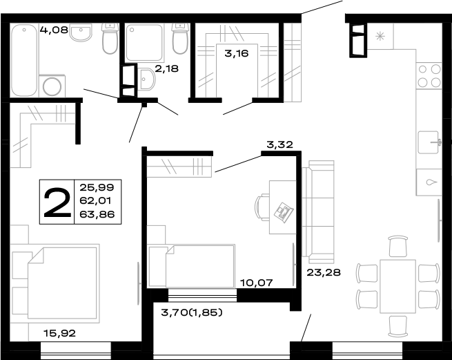 Планировка — Горные высоты, 2-комн., 62 м²
