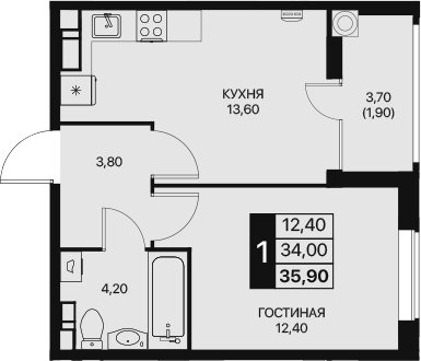 Планировка — Эстет, 1-комн., 34 м²