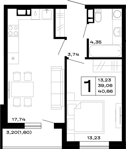 Планировка — Горные высоты, 1-комн., 39 м²