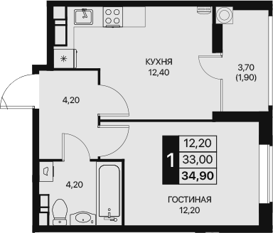 Планировка — Эстет, 1-комн., 33 м²