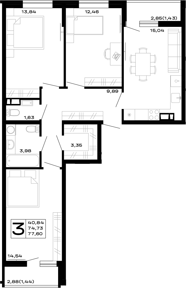 Планировка — Горные высоты, 3-комн., 75 м²