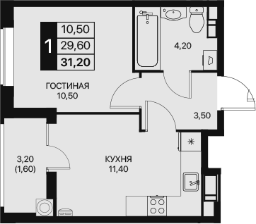 Планировка — Эстет, 1-комн., 30 м²