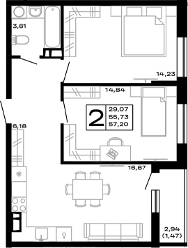 Планировка — Горные высоты, 2-комн., 56 м²