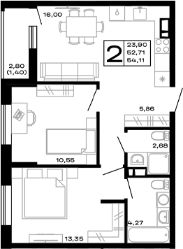 Планировка — Горные высоты, 2-комн., 53 м²