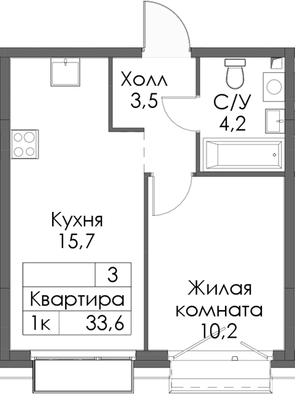 Планировка — Сиберово, 1-комн., 34 м²