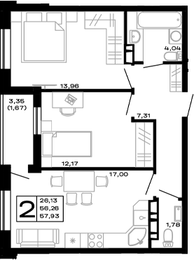 Планировка — Горные высоты, 2-комн., 56 м²