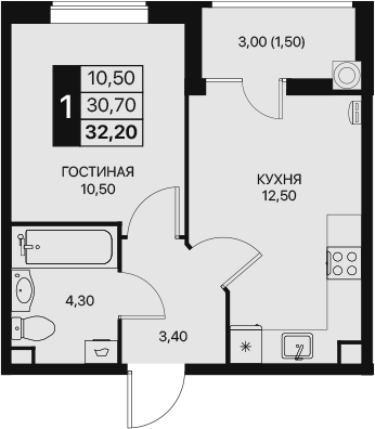 Планировка — Эстет, 1-комн., 31 м²