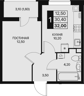 Планировка — Эстет, 1-комн., 30 м²