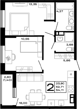 Планировка — Горные высоты, 2-комн., 53 м²