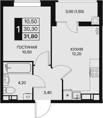 Планировка — Эстет, 1-комн., 30 м²
