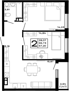 Планировка — Горные высоты, 2-комн., 56 м²