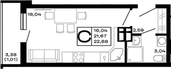 Планировка — Горные высоты, Студия, 22 м²